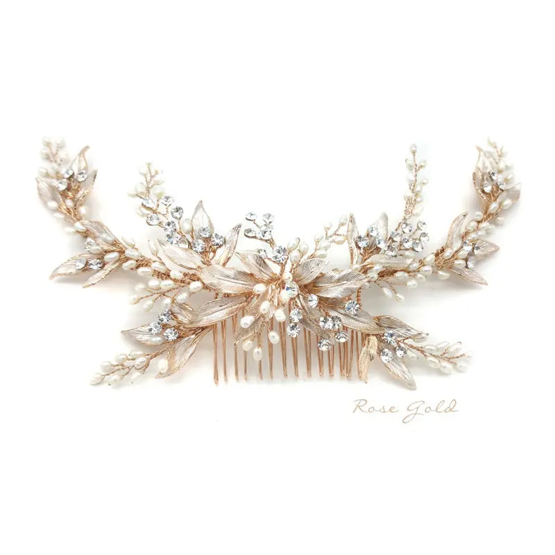 
            
                Load image into Gallery viewer, Gold Leaves Spray Comb Rose Gold
            
        