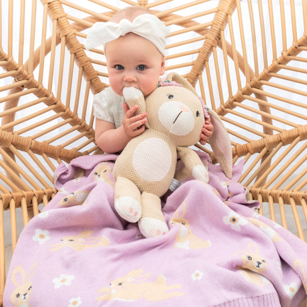 100% Cotton Whimsical Lilac Bunny Baby Blanket