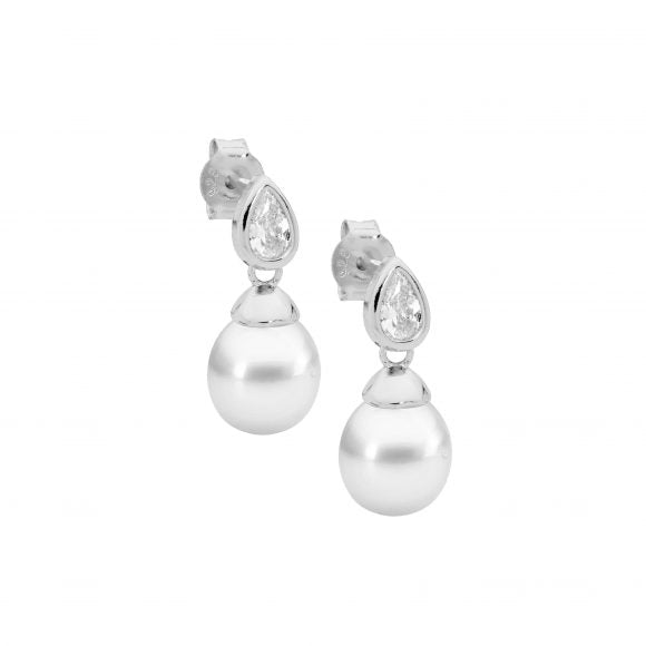 Ellani Silver FW Pearl & CZ Earrings E621S