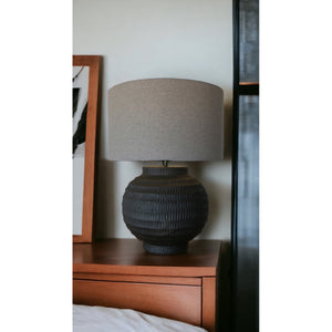 Black Terracotta Lamp Grey Linen Shade