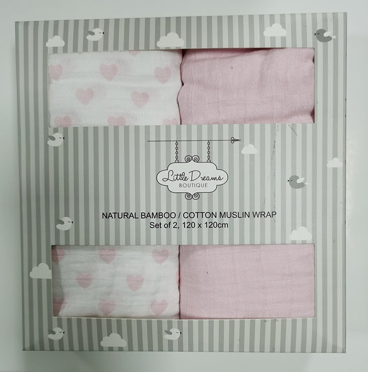 Bamboo/Cotton 2 Pack Wraps Pink Hearts
