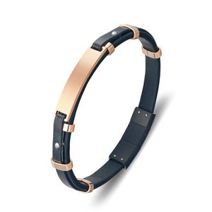 Rose Gold Stainless Steel & Black Leather Bangle SSBG333