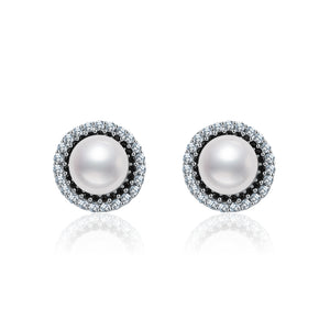 Fresh Water Pearl 9-9.5mm Pearl Studs Black & White CZ