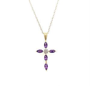 9CT Yellow Gold Amethyst & Diamond Cross Pendant