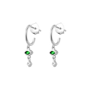 Sterling Silver Half Hoop Earrings Green CZ Charm