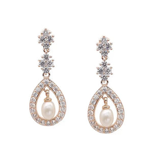 CZ Pearl Rose Plated Drop Earrings