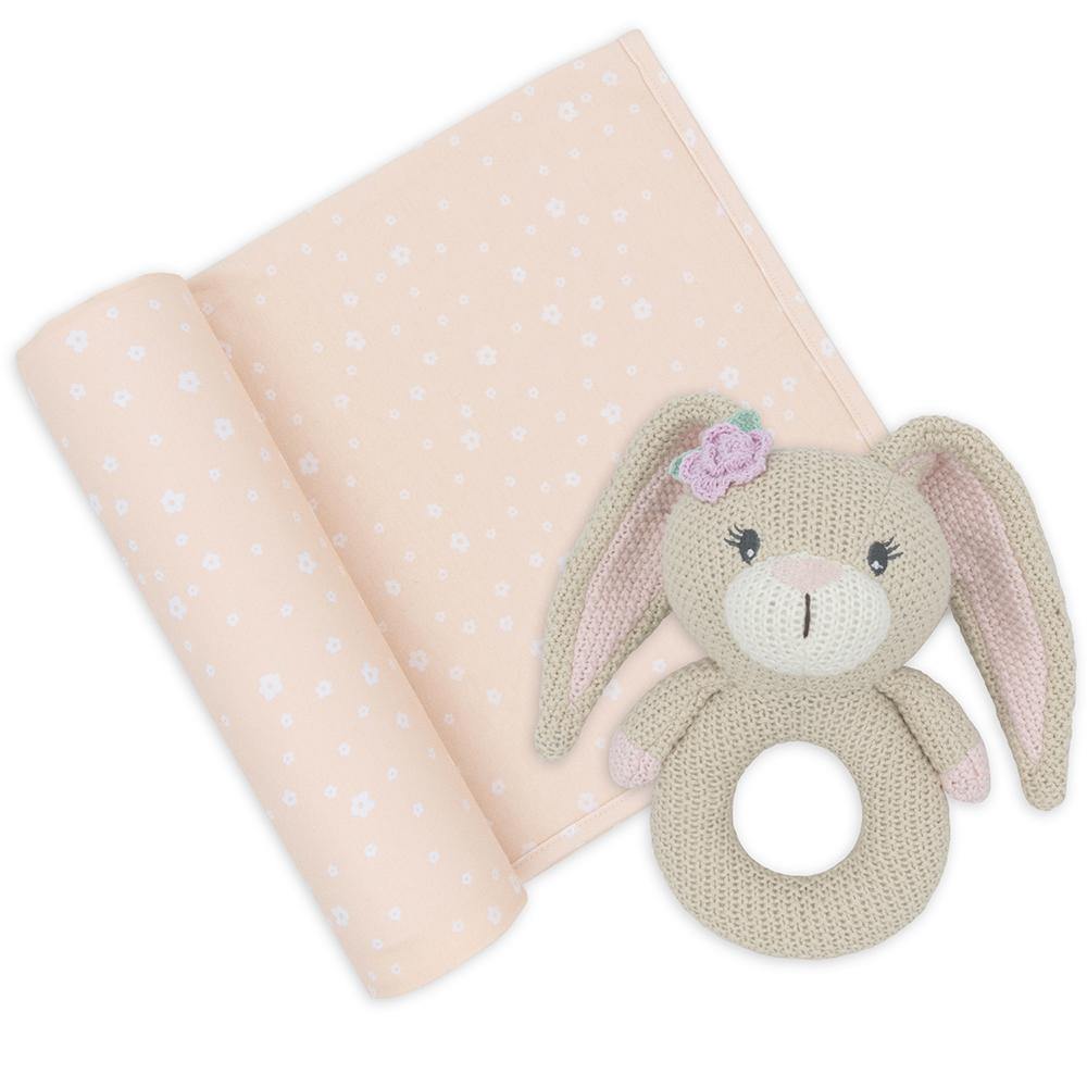 Jersey Swaddle & Rattle - Floral/Bunny - Diamonds on Seddon Store