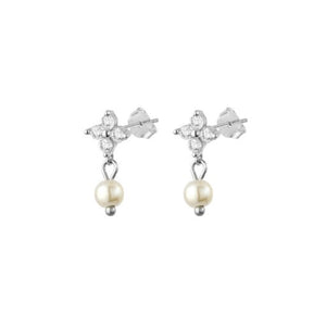 Sterling Silver Flower CZ Stud Earrings With Pearl Drop