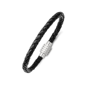 
            
                Load image into Gallery viewer, Stainless Steel Plain Black Leather Bangle
            
        