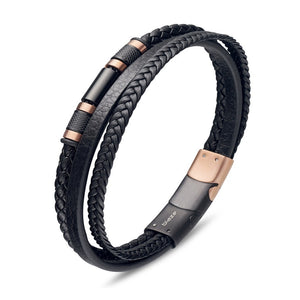 Rose Gold Stainless Steel Leather Multi Bangle