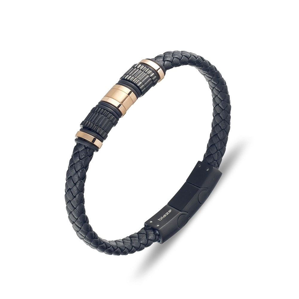 Rose Gold Stainless Steel & Black Leather Bangle